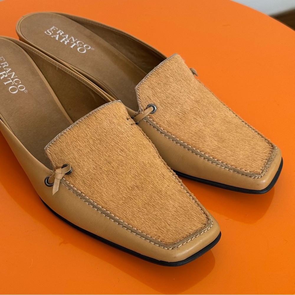 Faux calf hair leather mules